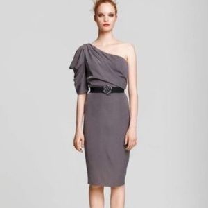 BCBG one shoulder belted dress in Mulberry Mist